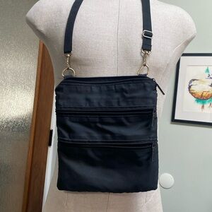 Pinky cross body black nylon triple zip pouch purse
